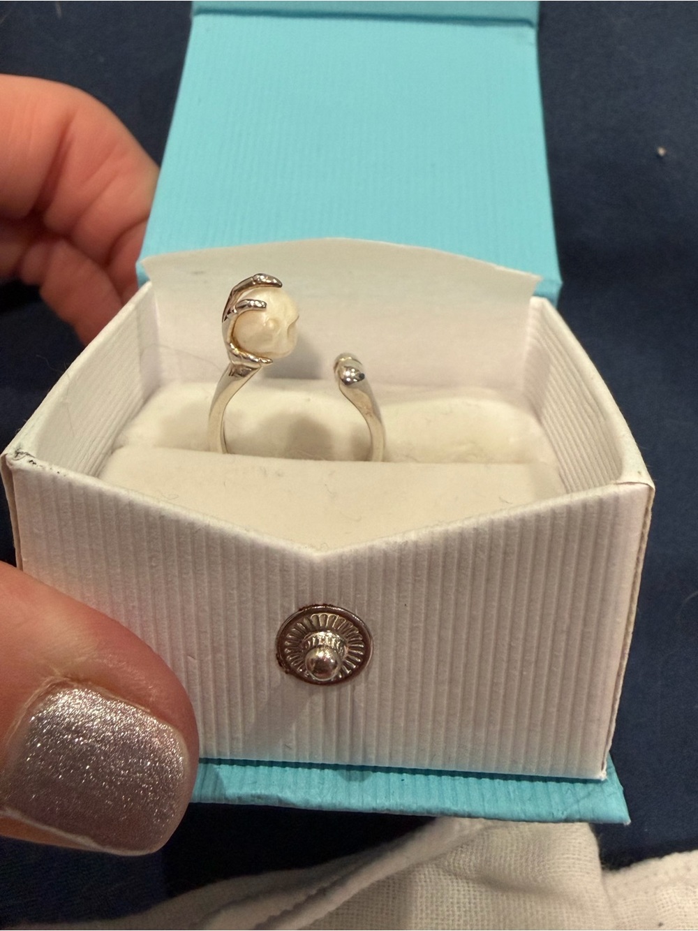 Sterling Silver Open Ring with White Pearl Skull
